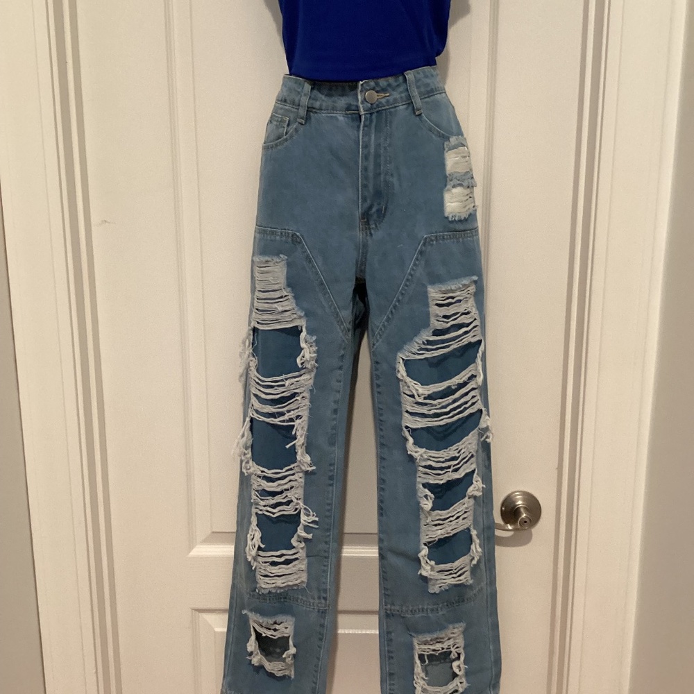 Ripped Holes Jeans (;Color: Light Blue)